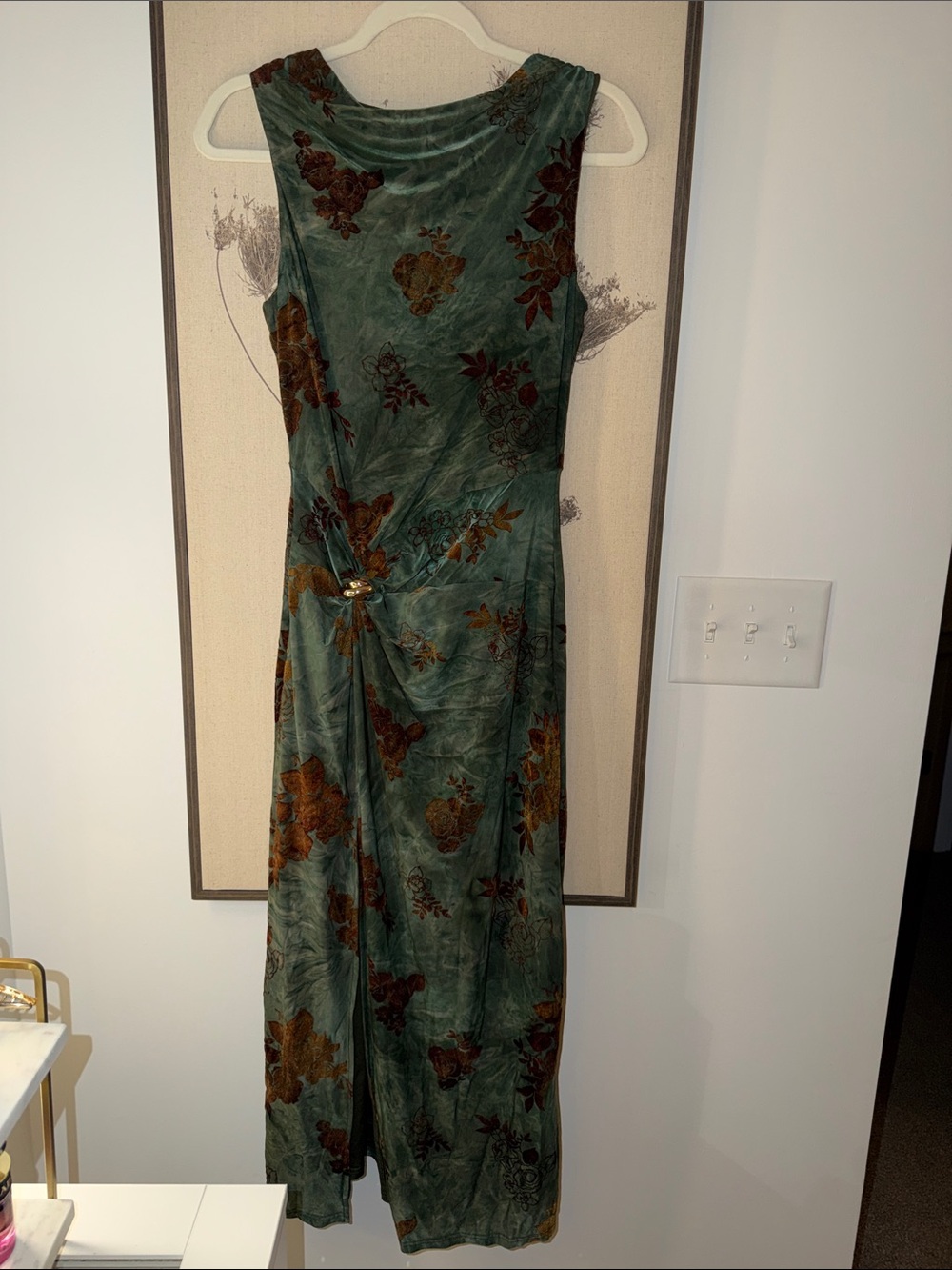 Green Floral Velvet Maxi Dress with Twist Detail